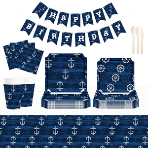 DAMAI - Juego de Vajilla de Papel Personalizado con Tema de Navegación en Azul Oscuro, Platos, Vasos y Servilletas de Papel para Cumpleaños de Niños - Product Image 3