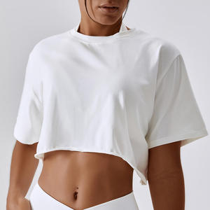Tùy chỉnh cotton spandex thể thao phòng tập thể dục <span class=keywords><strong>Crop</strong></span> Top cho phụ nữ quá khổ trống đồng bằng lỏng thoáng khí Logo bé màu hồng cắt TEE Áo Thun - Product Image 2