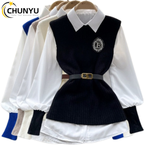 Conjunto de Dos Piezas para <span class=keywords><strong>Mujer</strong></span>, Otoño 2024, <span class=keywords><strong>Chaleco</strong></span> de Punto sin Mangas, <span class=keywords><strong>Camisa</strong></span> <span class=keywords><strong>Blanca</strong></span> de Manga Larga - Product Image 1