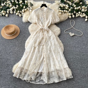 Nouvelle Robe d'été 2026 pour Femme, en Dentelle et Tissu Résille, Coupe Trapèze, Style Bureau, Col Montant - Product Image 3