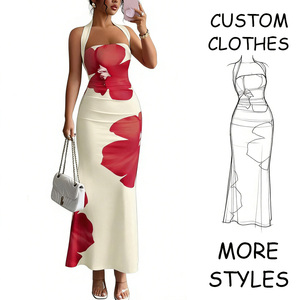 Robes d'été pour femmes, décontractées, personnalisées, modernes, à col en V, taille haute, style A, maxi, imprimé floral contrasté, élégantes et tendance - Product Image 1