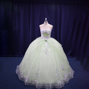 <span class=keywords><strong>Vestido</strong></span> de Quinceañera TEENYEE, Estilo Princesa, Satinado, Color <span class=keywords><strong>Verde</strong></span> Claro, con Lentejuelas, Apliques de Flores 3D y Pedrería - Product Image 1