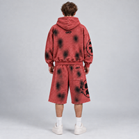 Ensemble survêtement homme vintage délavé à l'acide avec sweat à capuche zippé et short, imprimé graphique oversize, streetwear, 2 pièces, short long 3/4