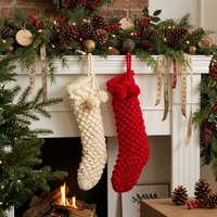 Nouvelle Grande Chaussette de Noël en Laine Tricotée Couleur Unie, Sac Cadeau en Fil Épais pour Bonbons, Ornement Suspendu pour Cheminée Ambiance Noël