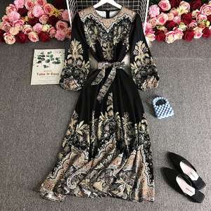 Femmes Printemps Mode Robe Socialite Temperament <span class=keywords><strong>Bohome</strong></span> Manches Longues Impression Vintage Lace-up Formal Casual Dress - Product Image 2