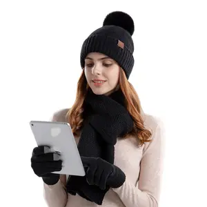 Women Winter Knit Long Scarf And Touchscreen Gloves Set Fleece Lined Beanie Hat With Faux Pom Pom