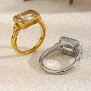 Stainless Steel Rectangle Zircon Bezel <b>Ring</b> Trendy Geometric <b>Statement</b> Finger <b>Ring</b> For Women Daily Stackable Party Jewelry - Product Image 6