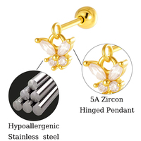 Bijoux en acier inoxydable chirurgical Maina, pendentif personnalisé, piercing de cartilage, boucle d'oreille à clou papillon en zircon cubique, vente en gros de bijoux