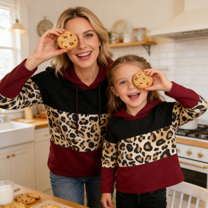 Conjuntos Familiares a Juego con Estampado <span class=keywords><strong>de</strong></span> Leopardo y Diseños <span class=keywords><strong>de</strong></span> Bloques <span class=keywords><strong>de</strong></span> Color Sólido para Mamá e Hija, Sudaderas con Capucha <span class=keywords><strong>de</strong></span> Manga Larga, Camisetas Casuales - Product Image 2