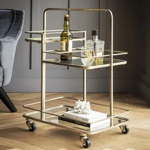 Gold Luxury Hotel Trolley for Wine Food Drinks Modern Iron Wrought Metal Serving Bar Cart Home Kitchen Living Room Bedroom Use