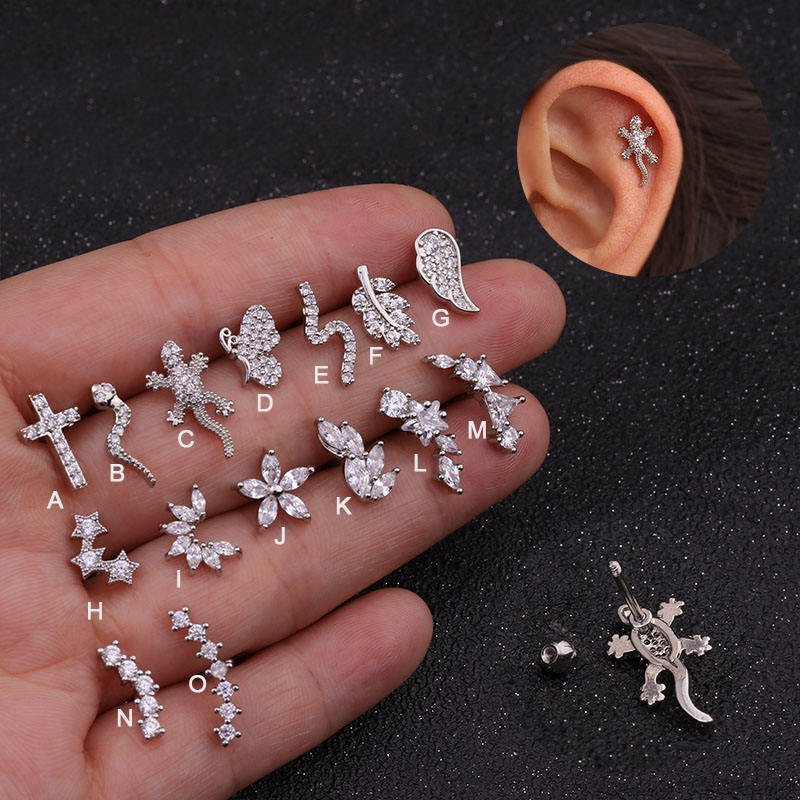 Stainless Steel Bar with CZ Snake Gecko Piercing Jewelry