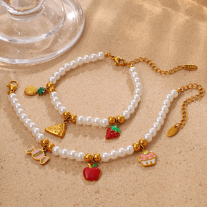 ชุดสร้อยคอและสร้อยข้อมือประดับมุกเทียมรูปผลไม้ ของขวัญเครื่องประดับตกแต่งสไตล์หวานสำหรับผู้หญิง ดีไซน์เชอร์รี่สตรอว์เบอร์รี่ - Product Image 2