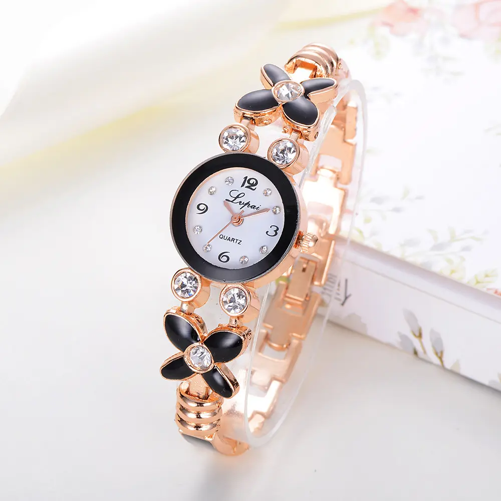 Женские наручные часы LVPAI, золотистые часы с браслетом из горного хрусталя в виде ромашки, классические часы для девушек и женщин