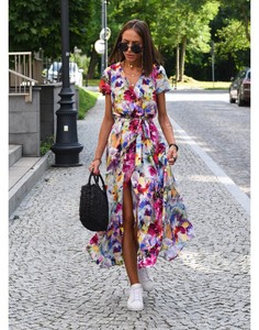 Moda colorido estampado Floral vestido de fiesta 2024 mujeres Primavera Verano elegante cuello en V cordón volante minifalda Casual Bata - Product Image 5