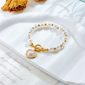 European American Style Pearl Bracelet With Heart Pendant Gold T Bar Clasp Women's Jewelry Gift - Product Image 3