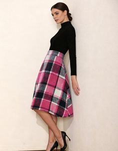 Jupe en résille à carreaux rouge rose taille haute décontractée pour femme, grande taille, longueur genou, hiver - Product Image 1