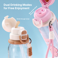 Bouteille d'eau pour enfants en Tritan de qualité alimentaire, motif dessin animé mignon, avec corde de transport, paille et couvercle à clapet, portable, anti-fuite, écologique, sans BPA