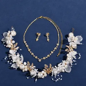 Pearly Flower Alloy Hair Band Necklace Jewelry Set Círculo Frisado Jóias Set Com Earing Pérolas Noiva Cabelo Acessórios Do Casamento