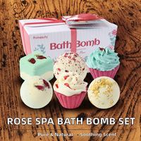 Boule de bain effervescente bio artisanale pour marque privée, végane, relaxante, aux huiles essentielles, en forme de cupcake, de luxe, à la rose et aux fleurs séchées