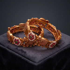 Beautiful Designer Handmade South Indian Antique 2-Piece Imitation Pearl <b>Copper</b> Alloy Openable <b>Bangles</b> Matte Gold Plating - Product Image 3