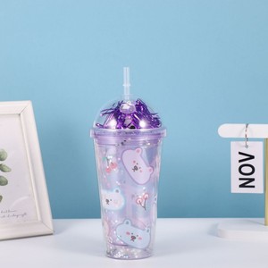 Kawaii 450ml Sweet Cherry Bear Panda Cartoon <b>Plastic</b> <b>Straw</b> Tumbler with Purple Tinsel Dome Lid Double Wall Clear Silver Glitter - Product Image 3
