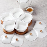 Vaisselle 5 bols à condiments noix à tremper ensemble de relish en bois plats de service divisés en céramique blanche avec couvercles et plateau en bambou