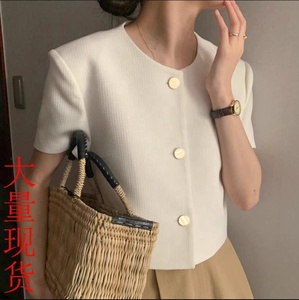 <span class=keywords><strong>Manteau</strong></span> court d'été chic pour femmes de style sud-coréen, élégant et décontracté, petit châle en lapin, manches bouffantes, simple boutonnage, polyester - Product Image 2