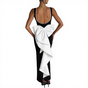 Robe de soirée élégante noire, longue, taille empire, sans manches, dos nu, asymétrique, avec nœud, respirante, fente, traîne élégante - Product Image 2