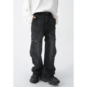 y2k Großhandel Herren Individuelles Logo Jeans Plus-Größe Vintage Top Qualität Mehrfachfachbeutel beutel lockerer Reißverschluss Fliegende Herrenjeans