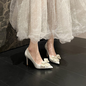Bride New White Wedding <b>Shoes</b> Women's Stiletto Pointed Toe Satin Pearl Bow High Heels for Ladies - Product Image 6