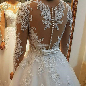<b>White</b> Ball Gown Wedding Dress Long Sleeve <b>Lace</b> Applique A Line Full Skirt Bridal Gown - Product Image 2