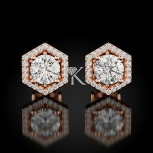 Art Deco Inspired Hexagon Halo Diamond With Round Cut Lab Grown Diamond <b>Earrings</b> In Solid Gold Featuring Secure Screw <b>Backs</b> - Product Image 3