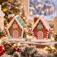Ensemble de 2 maisons de village de Noël en résine peintes à la main, figurines de maisons en pain d'épices, pilier en forme de canne à sucre rose menthe, décoration de table