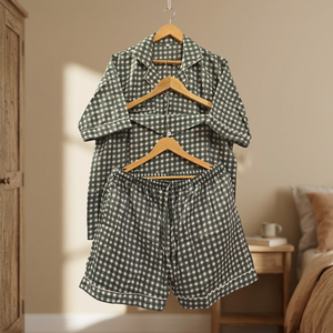 100% Cotton Women's 3-Piece Customizable <b>Pajama</b> Set Green Gingham <b>Check</b> Short Sleeve Elastic Waist Lounge Sleepwear - Product Image 2