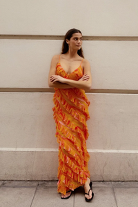定制夏季防滑褶边连衣裙优雅女性长直雪纺连衣裙女士橙色模糊印花全褶边马克西连衣裙 - Product Image 5