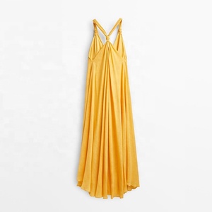 Tongrui 2023 S22 <span class=keywords><strong>Abito</strong></span> <span class=keywords><strong>Lungo</strong></span> Giallo con Spalline Incrociate sulla Schiena e Dettaglio Nodo in Viscosa e Lino Vestito Ampio - Product Image 6