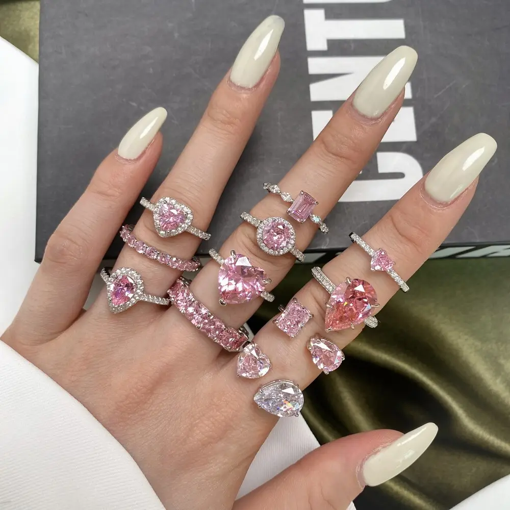 Lateefah OEM S925 Sterling Silver Ring Female Light Luxury Lovely Peach Heart Pink High Diamond Fine Jewelry Ring
