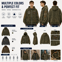 Sweat à capuche zippé intégral surdimensionné pour homme, vert olive, délavé, style workwear, avec patch appliqué, effet vieilli, en tissu épais, Source Factory