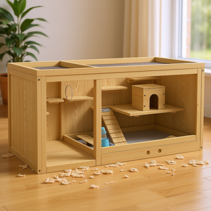 Cage en bois pour animaux de compagnie avec distributeur d'eau et plateau amovible pour gerbilles et hamsters, aspect naturel, usage intérieur - Product Image 2