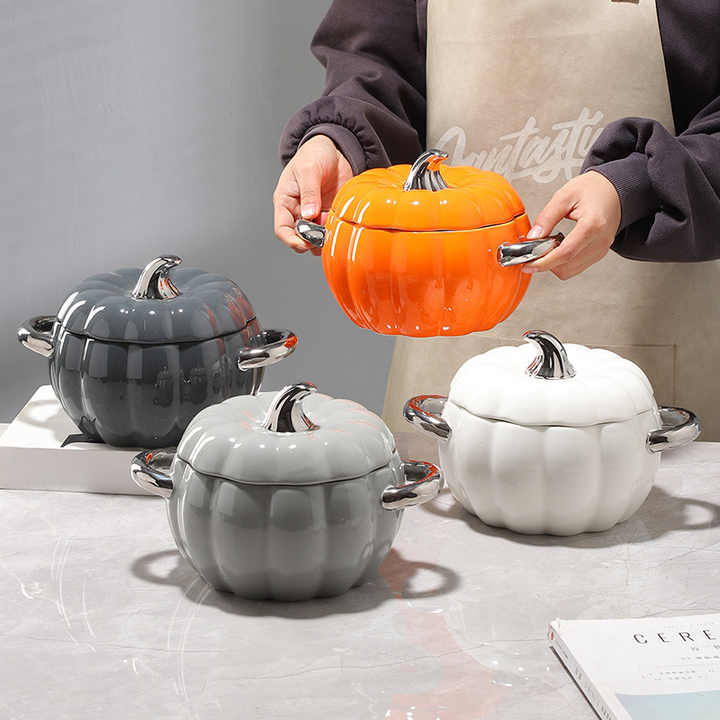 Double Ear Ceramic Pumpkin Dessert Bowl Home Kitchen Children's Steamed Egg Salad with Lid Ceramic Baking Bowls