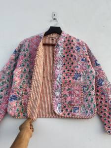 Chaqueta Bohemia acolchada de algodón 100%, diseño Reversible hecho a mano, retazos blancos, rayas estampadas, botón de soporte, bolsillos delanteros abiertos para - Product Image 3