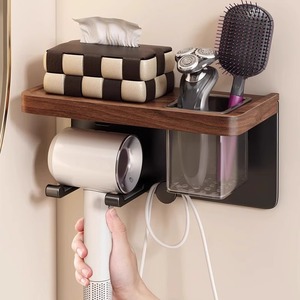 Wall Mounted Hair Dryer Rack With <b>Shelf</b> Storage Holder For Bathroom Toilet Classic Black Rectangle Easy Cleaning - Product Image 1
