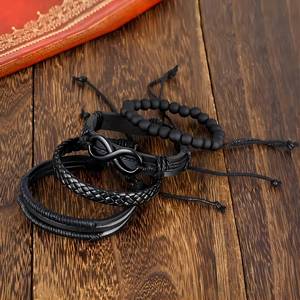 Bracelet en cuir tressé fait main avec pierres naturelles, style rétro, ensemble <span class=keywords><strong>de</strong></span> 4 accessoires en forme <span class=keywords><strong>de</strong></span> 8, best-seller transfrontalier - Product Image 3
