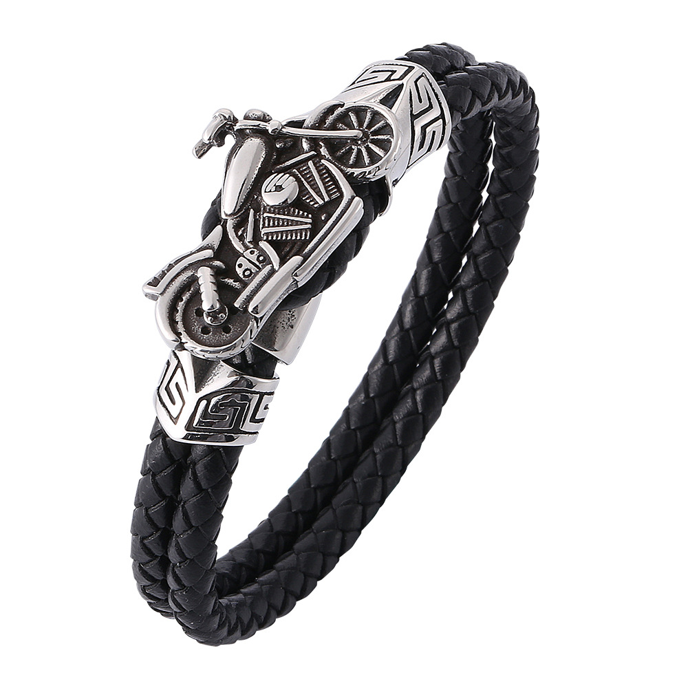 Pulsera de cuero genuino trenzado con cierre de moto Мужская плетеная веревка аксессуары для мотоциклов кожаный браслет из нержавеющей стали