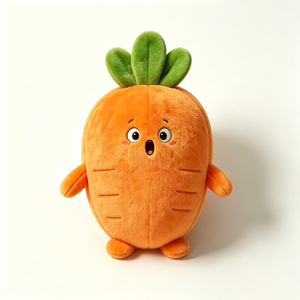 Peluche de carotte ronde et dodue, orange, avec feuille verte sur le dessus et lignes texturées brodées, douce et moelleuse au toucher. - Product Image 1
