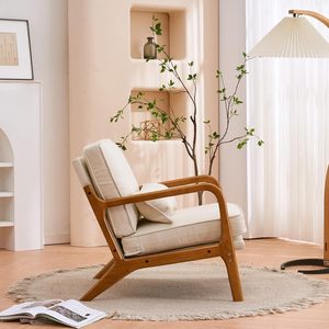 Fauteuil d'appoint moderne du milieu du siècle, rembourrage doux, cadre en bois massif, dossier solide - Salon, chambre à coucher, balcon, beige - Product Image 4