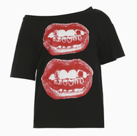 T-shirt graphique Y2K à épaules dénudées pour femme, imprimé lèvres tendance, manches longues, coupe décontractée en mélange de coton, crop top ample