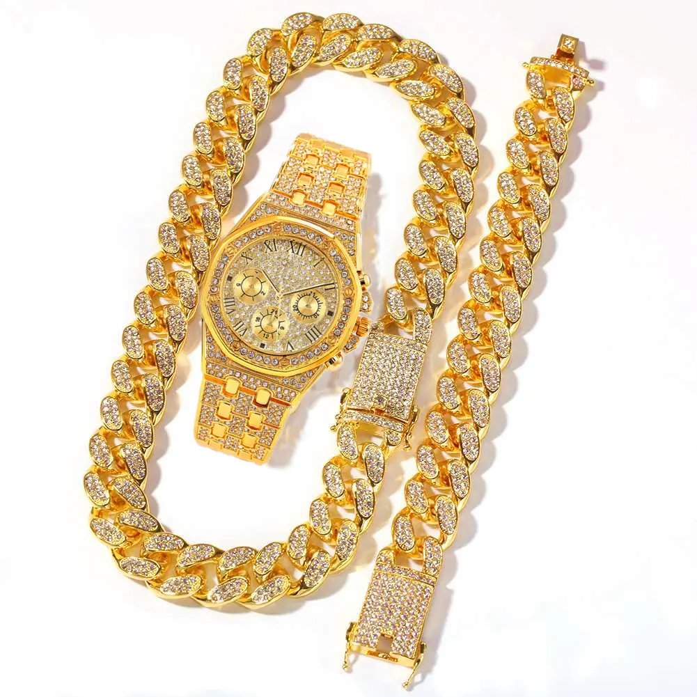 Sıcak satış Hip Hop altın gül altın 20mm küba bağlantı kolye zinciri küba bağlantı bilezik buzlu Out kuvars saatler takı seti