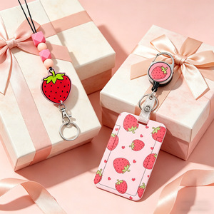 Strawberry Back-to-School Season <b>ID</b> Card <b>Holder</b> Silicone Bead Glitter Neckband with Safety Buckle Name Badge <b>ID</b> Card <b>Holder</b> Gift - Product Image 1