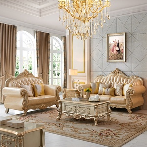 Real oro antiguo dorado tallada sofá de cuero conjunto habitación transversal barroco sofá - Product Image 2